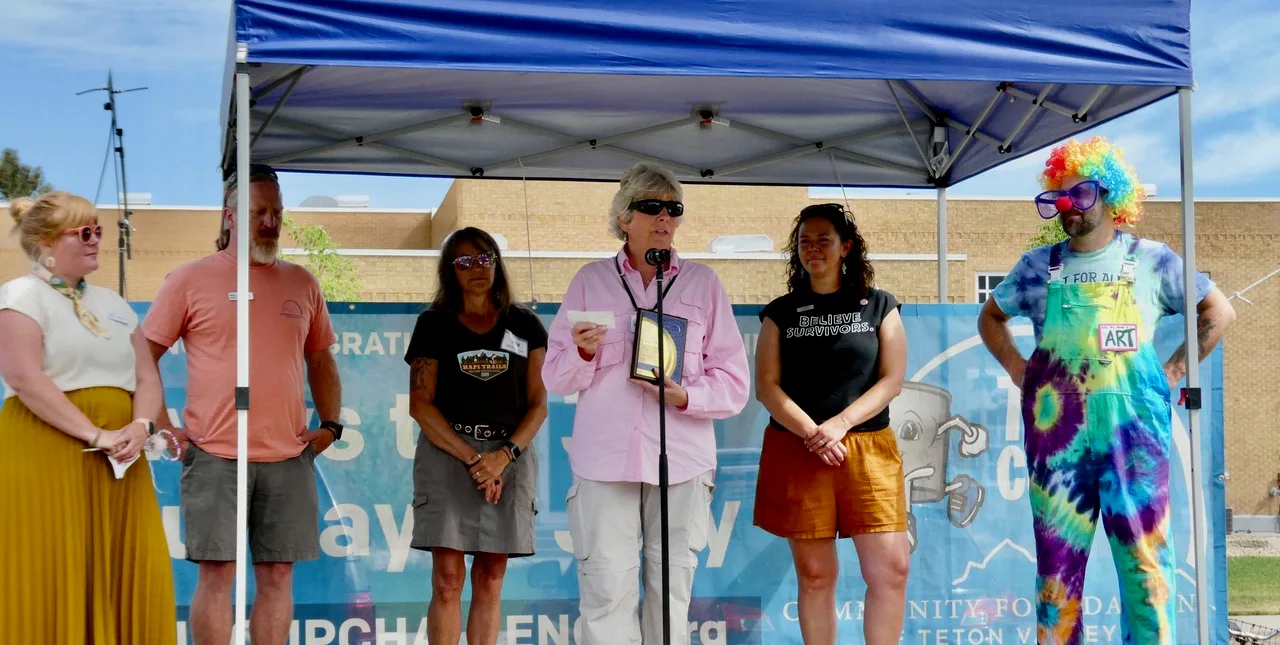 Sue Heffron, Executive Director of the Teton Valley Food Pantry, receiving the 2026 Dawn Banks Nonprofit Leadership Award